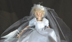 12" PORCELAIN SWIVEL WAIST CURLY BLONDE FASHION DOLL, BRIDAL OUTFIT
